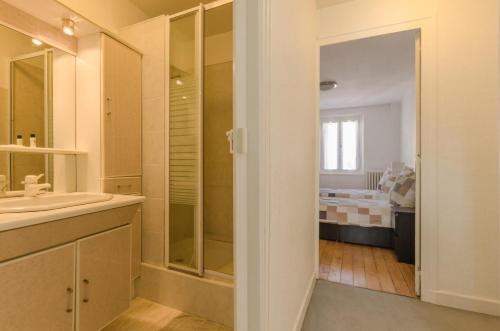 a bathroom with a sink and a shower at L'alnilia in Romilly-sur-Seine