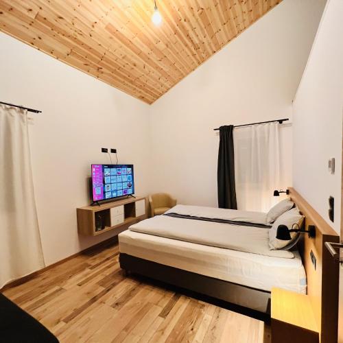 a bedroom with a bed and a flat screen tv at NORDIC Apartamente Păltiniș in Păltiniş