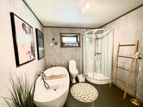 e bagno con doccia, servizi igienici e lavandino. di #Reinehuset - Amazing view! a Reine