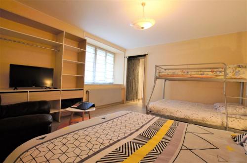 Cette chambre comprend 2 lits superposés et une télévision. dans l'établissement La remise de tatanne, à Villenauxe-la-Grande