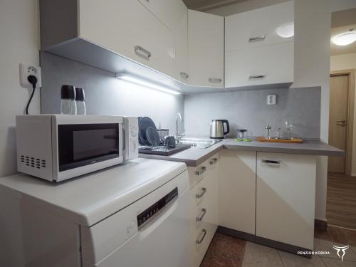 a kitchen with white cabinets and a microwave at Penzion Korida in Ústí nad Labem