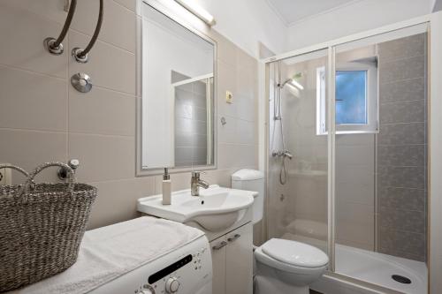 a bathroom with a sink and a toilet and a shower at Regina Apartments in Brodarica