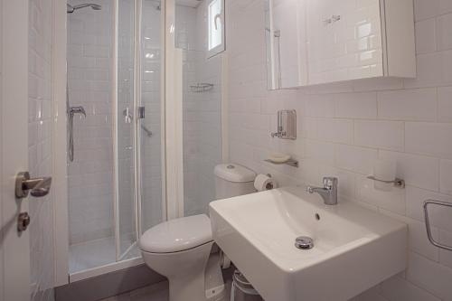 ein Bad mit einem WC, einem Waschbecken und einer Dusche in der Unterkunft Las Cebras Apartamentos Turísticos in Benicarló