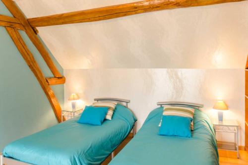 2 Betten in einem Zimmer mit blauen Kissen in der Unterkunft Le beau lieu in Maizières-la-Grande-Paroisse