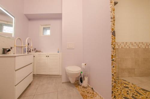 un bagno bianco con wc e doccia di Angela a Bar-sur-Aube