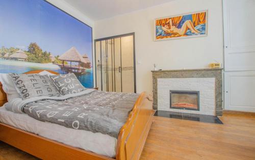 una camera da letto con un letto e un camino di Angela a Bar-sur-Aube