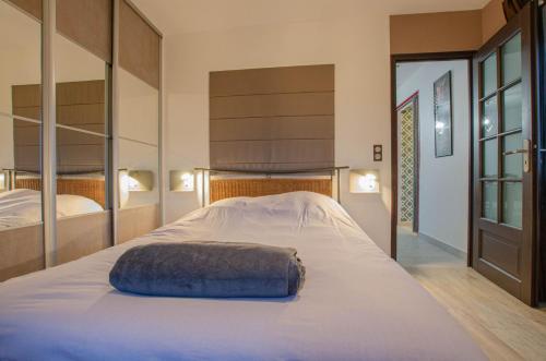 ein Schlafzimmer mit einem Bett mit einem blauen Kissen darauf in der Unterkunft La met au loup in Charmont-sous-Barbuise