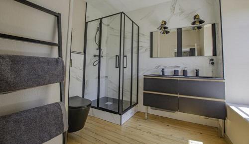 ein Bad mit einer Glasdusche und einem Waschbecken in der Unterkunft Demeures des grands lacs de champagne in Brienne-le-Château