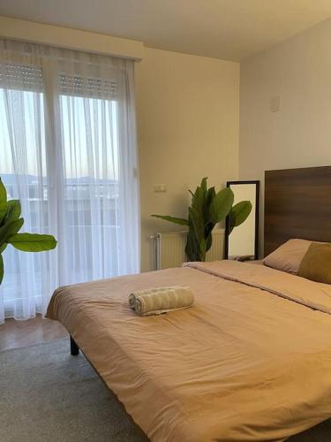 ein Schlafzimmer mit einem großen Bett mit einem großen Fenster in der Unterkunft Etern Stays - C Street Apartment in Pristina