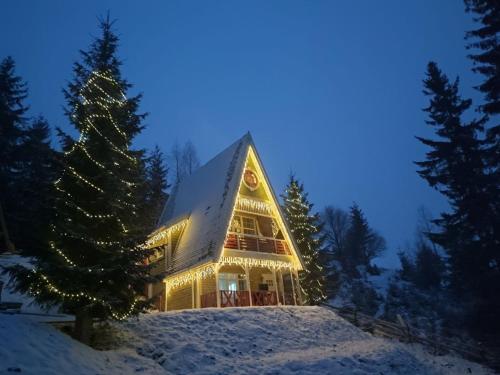 a house covered in christmas lights in the snow at Апартементи для 4 людей з окремим входом та терасою - весь перший поверх нового котеджу Freeman Bukovel - поряд витяг R1 in Bukovel