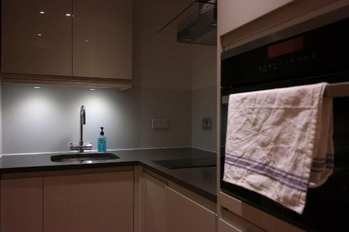 uma cozinha com um lavatório e um fogão forno superior em The Alma Rooms em Londres