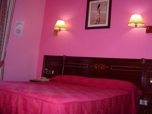 a bedroom with a pink bedspread and a lamp on the wall at Hostal Centro Sol in Madrid