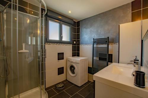 bagno con lavandino doccia e lavatrice di Chez mimi a Plessis-Barbuise