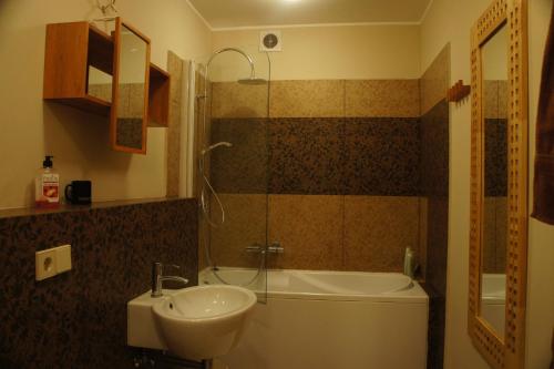 a bathroom with a sink and a shower and a tub at Lyra Apartments in Druskininkai