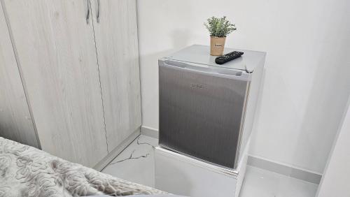 a small refrigerator with a plant on top of it at HOTEL Casa Vacanze SHIROKE in Široka
