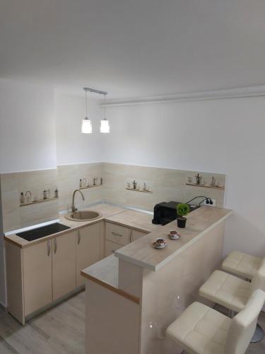 eine Küche mit weißen Schränken, einer Spüle und einer Theke in der Unterkunft RG Garsoniera Central in Piatra Neamţ