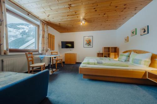 um quarto com uma cama, uma secretária e uma televisão em Haus Platina em Sankt Gallenkirch