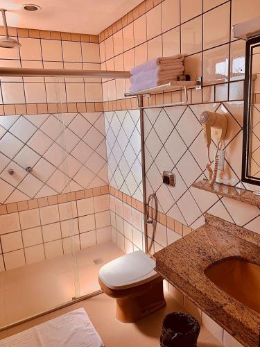 a bathroom with a shower and a toilet and a sink at Victoria Plaza Hotel in Palmas