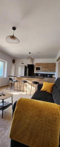 un salon avec un canapé et une table dans l'établissement Mazet Chantilly, 3 étoiles Gîtes de France, Alès, à Alès