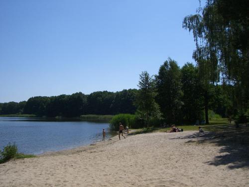 a group of people on a beach near the water at Ferienhaus Eichelhäher in Zossen