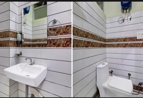 two pictures of a bathroom with a sink and a toilet at Hotel Shree Guest House in Sawāi Mādhopur