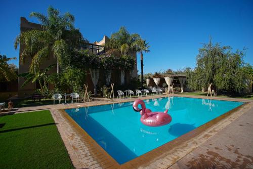 une piscine avec un flamant gonflable au milieu dans l'établissement Villa Atika Maison d'Hôtes & Spa, à Marrakech