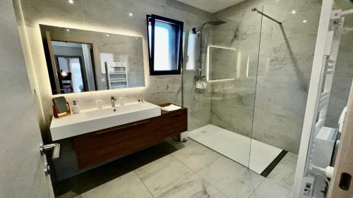 a bathroom with a sink and a shower at Villas Vallée d'ASCO in Moltifao