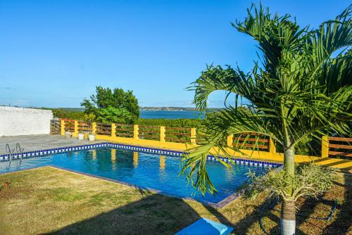 a swimming pool with a fence and a palm tree at Casa Mirante da Ilha in Arez