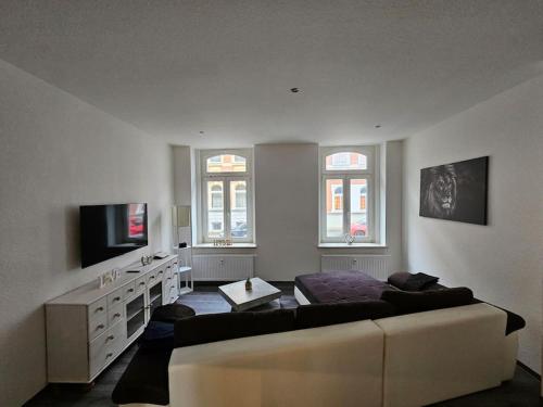 uma grande sala de estar com um sofá e uma televisão em charmante Ferienwohnung am Stadtwald von Plauen em Plauen