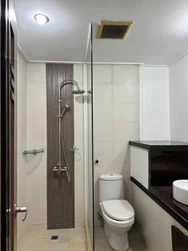 a bathroom with a shower and a toilet and a sink at Colione Bed and Breakfast in Baguio