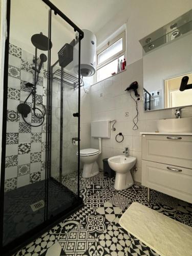 a bathroom with a shower and a toilet and a sink at Casa Francesca in Nicolosi