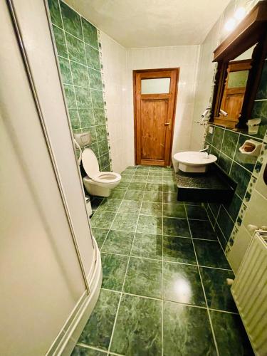 a bathroom with two toilets and a green tiled floor at Sofa Hotel in Avanos