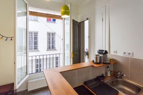 une cuisine avec un évier et une grande fenêtre dans l'établissement Charming Studio - Saint Apoline, à Paris