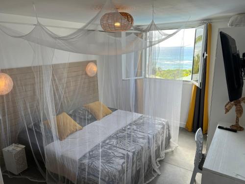 een slaapkamer met een bed en een raam met uitzicht op de oceaan bij Le 35 Anse des Rochers Saint-François in Saint-François