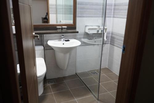 een badkamer met een toilet, een wastafel en een douche bij Sacheon Grand Tourist Hotel in Sacheon