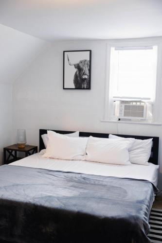 a bedroom with a large bed with a window at Rainforest Retreat 20m to NYC Parking Sleeps 25 in Bayonne