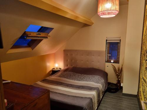 ein Schlafzimmer mit einem Bett in einem Zimmer in der Unterkunft OFFRE SPECIALE JO AVEC TRANSPORT GRATUIT SUR DEMANDE Chambre privée dans grande maison de ville avec jardin in Wattrelos