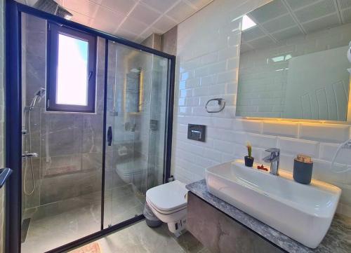 La salle de bains est pourvue d'une douche, d'un lavabo et de toilettes. dans l'établissement Villa Talia / Kaş, à Kaş