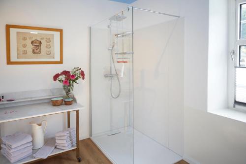a shower with a glass door in a bathroom at Charmantes Forsthaus beim Sorpesee 