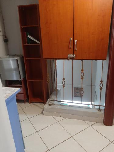 einen Schrank mit einer Glastür in einer Küche in der Unterkunft Mεζονέτα in Kardítsa