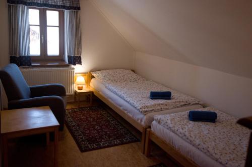 Pokój z 2 łóżkami, krzesłem i oknem w obiekcie Chalupa Rejvíz w mieście Rejvíz