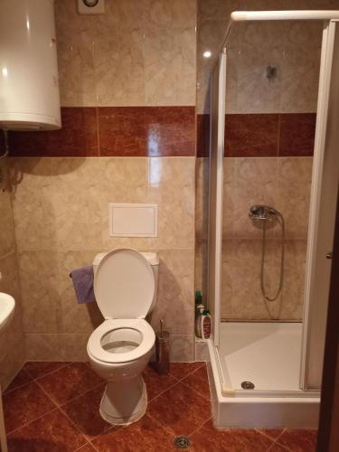 a bathroom with a toilet and a shower at Magical apartment in Marina view Fort beach in Sveti Vlas
