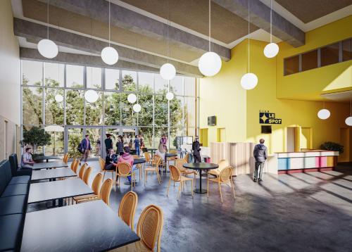 a rendering of a cafeteria with tables and chairs at CIS Nantes Le Spot in Nantes