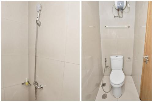 2 fotografias de uma casa de banho com um chuveiro e um WC em OYO 93432 Tree Room Hotel em Kebonnanas