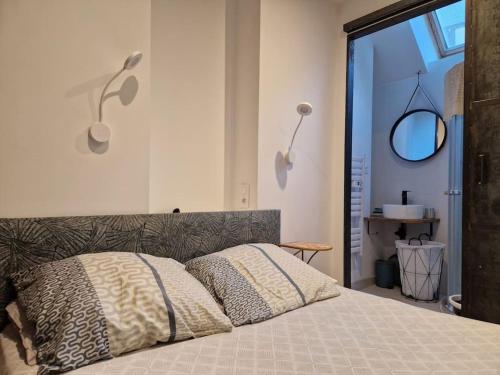 a bedroom with a bed and a mirror on the wall at Appartement cœur de Doutre in Angers