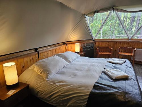 a bedroom with a bed in a tent at Vortice Chile Eco-Lodge in Manzanar