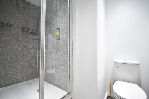 a bathroom with a shower with a toilet at Superb Garden Apartment in London