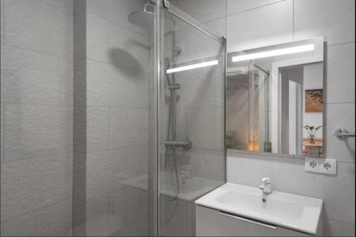 a bathroom with a shower and a sink and a mirror at Marbella Old Town Apartments by Homing in Marbella