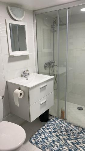 une salle de bain avec une douche, un lavabo et des toilettes dans l'établissement Appartement en souplex, à Rueil-Malmaison