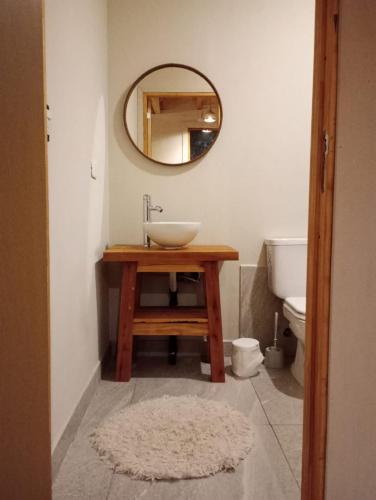 a bathroom with a sink and a mirror at Cabaña Zafiro del Piltri in Golondrinas